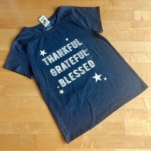 “THANKFUL GRATEFUL BLESSED” Short Sleeve T-Shirt, Gray, White, Gold, Size S